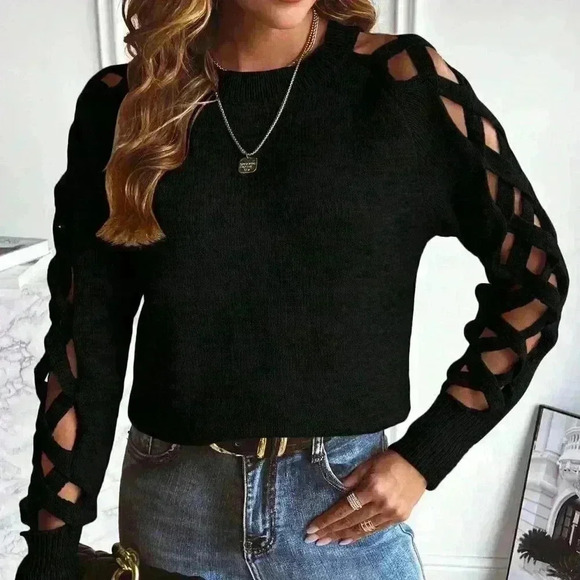 Black Casual Womens Cut Out Raglan Sleeve Crisscross Sweater - Picture 2 of 5